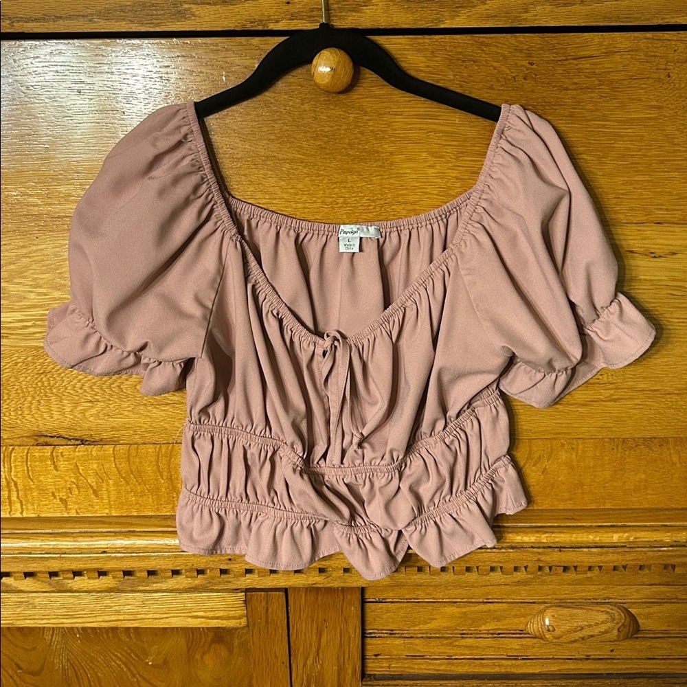 Papaya Cottagecore Mauve Pink Milkmaid Crop Top Smocked Tie Front‎ Puff Sleeve
